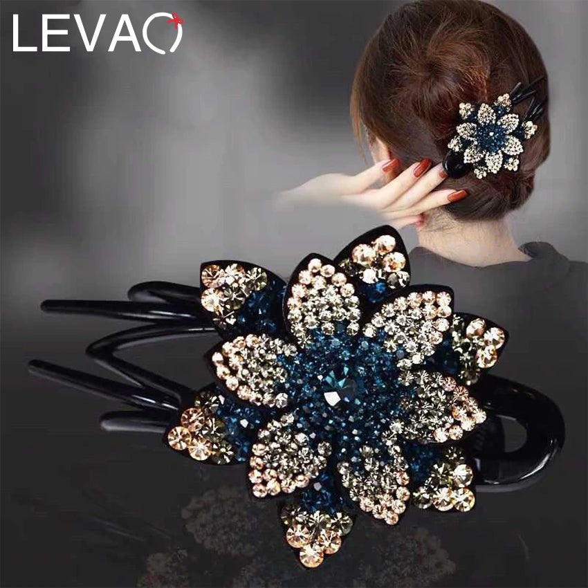 Levao Shiny Rhinestone Flower Hairpin Acrylic Duckbill Clip Hair Claw