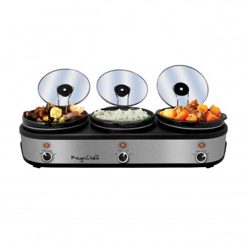 MEGACHEF MegaChef Triple 2.5 Quart Slow Cooker and Buffet Server in Brushed Silver and Black Finish with 3 Ceramic Cooking Pots and Removable Lid Rests