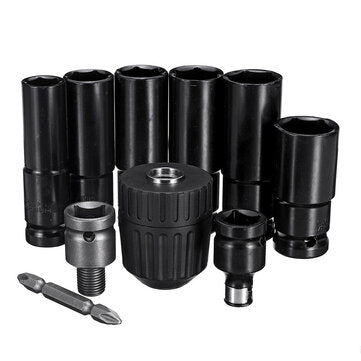 Drillpro 10pcs Air Impact Socket Wrench Set 1/2 Inch Square Drive Metric Drill Chuck Adapter